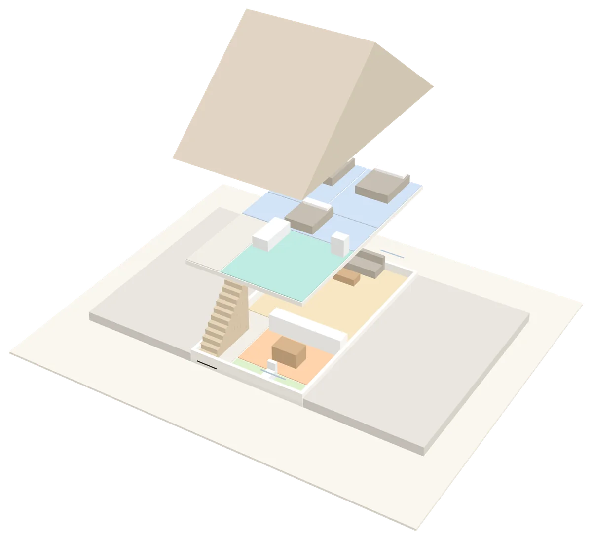 Het 3D-model van een tussenwoning met open verdiepingen: woonkamer, keuken, badkamer en drie slaapkamers onder het dak.