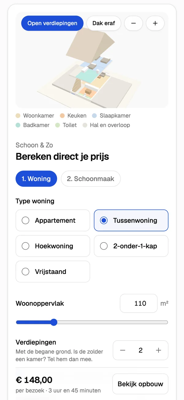 Voorbeeld: de calculator in het blauw, met de naam Schoon & Zo, op een telefoon.