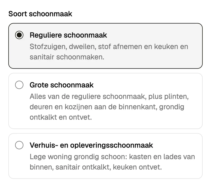 Stap 2: de soorten schoonmaak met een korte omschrijving, met reguliere schoonmaak gekozen.