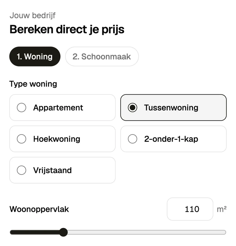Stap 1 in de calculator: het type woning, met tussenwoning gekozen, en een woonoppervlak van 110 m².